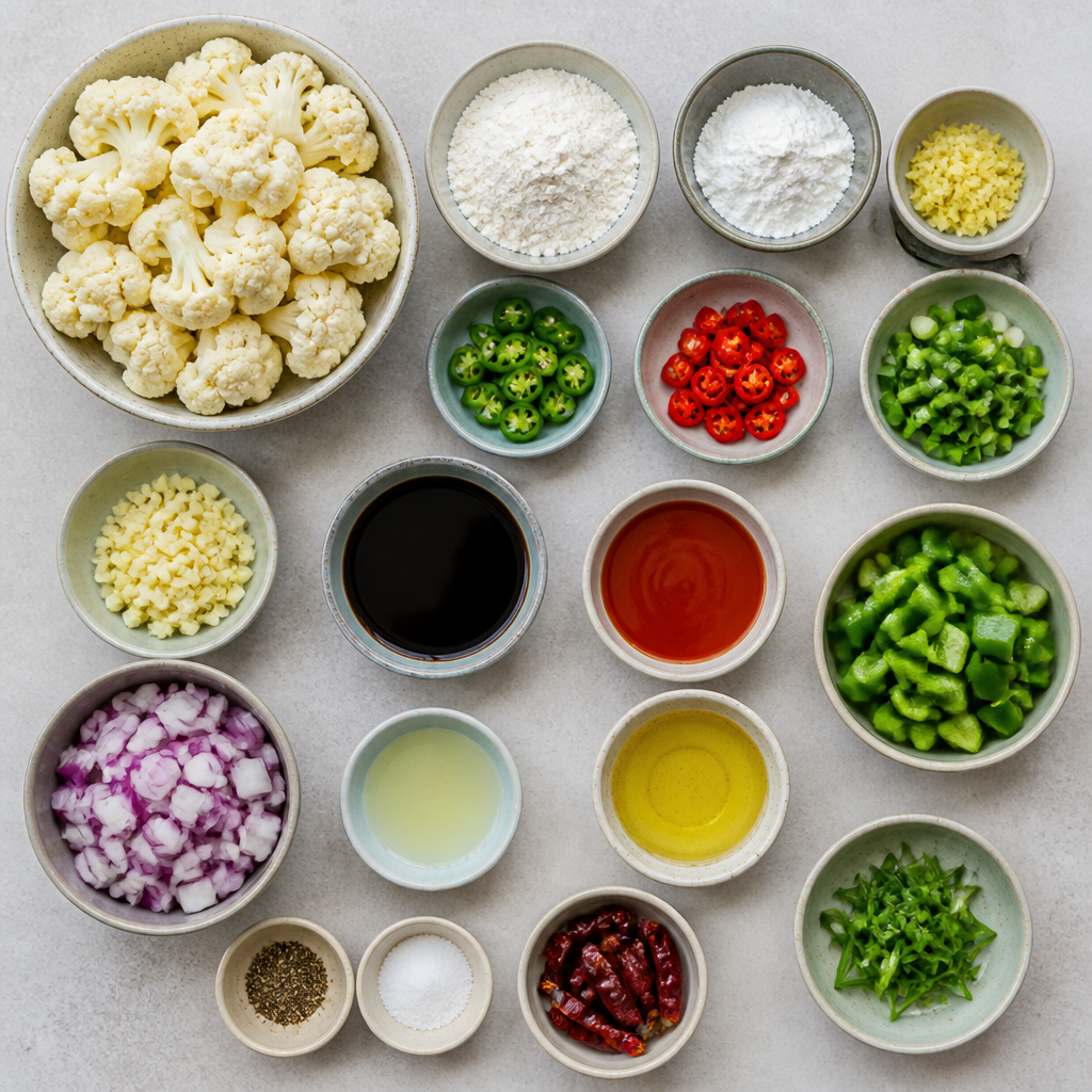 Overhead flat-lay of all ingredients for Crispy Gobi Manchurian Recipe with Ginger and Chilies laid out on a kitchen surface.