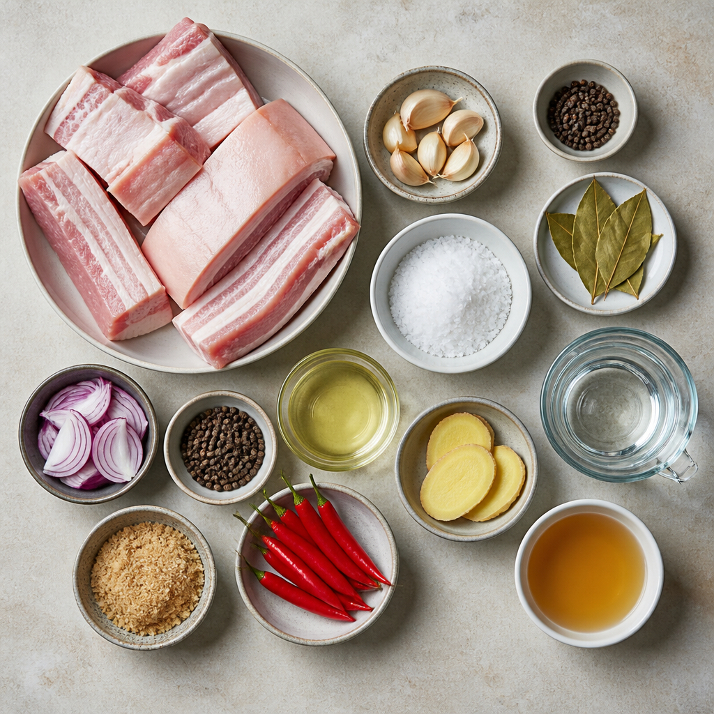 Overhead flat-lay of all ingredients for Crispy Lechon Kawali Recipe with Tangy Vinegar Dipping Sauce laid out on a kitchen surface.