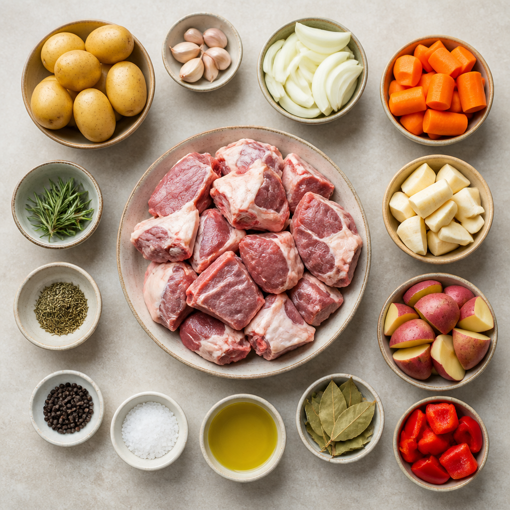Overhead flat-lay of all ingredients for Croatian Lamb Peka with Slow-Roasted Vegetables laid out on a kitchen surface.