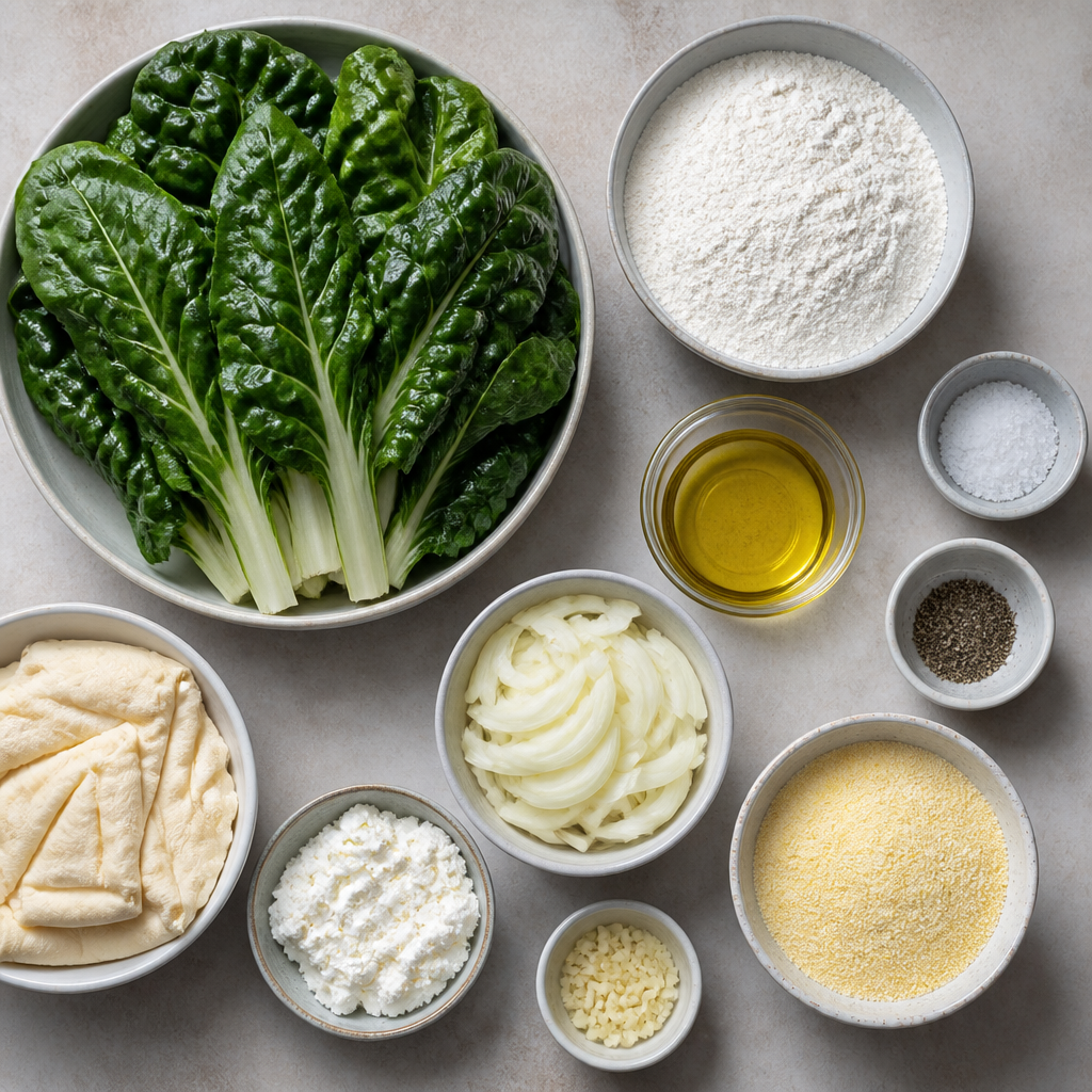 Overhead flat-lay of all ingredients for Croatian Soparnik Recipe: Traditional Swiss Chard Pie laid out on a kitchen surface.