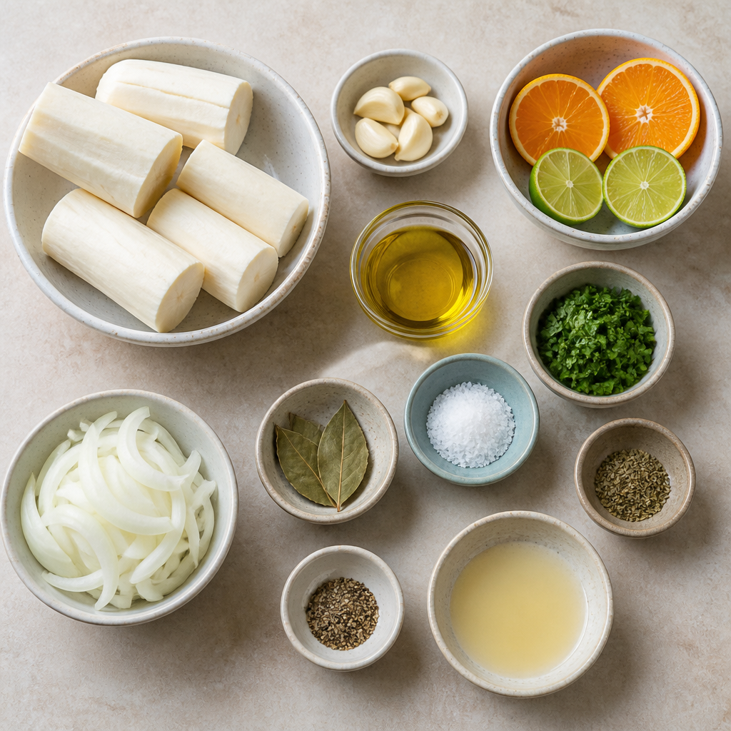 Overhead flat-lay of all ingredients for Cuban Yuca con Mojo with Garlic Citrus Sauce laid out on a kitchen surface.