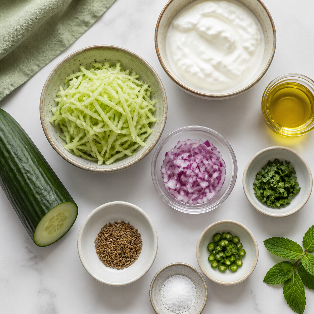 Overhead flat-lay of all ingredients for Cucumber Raita With Toasted Cumin Seeds laid out on a kitchen surface.
