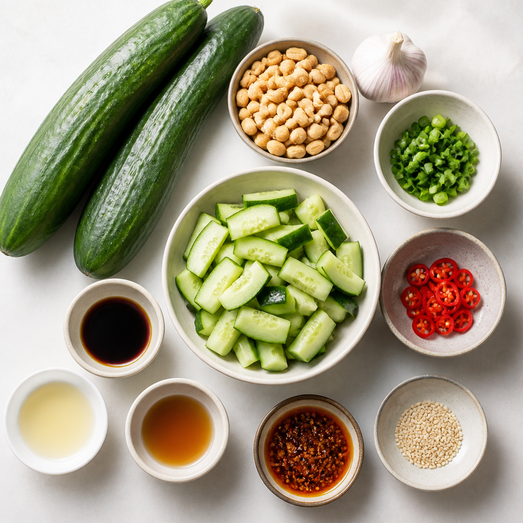 Overhead flat-lay of all ingredients for Cucumber Salad With Chili Crisp And Peanuts laid out on a kitchen surface.