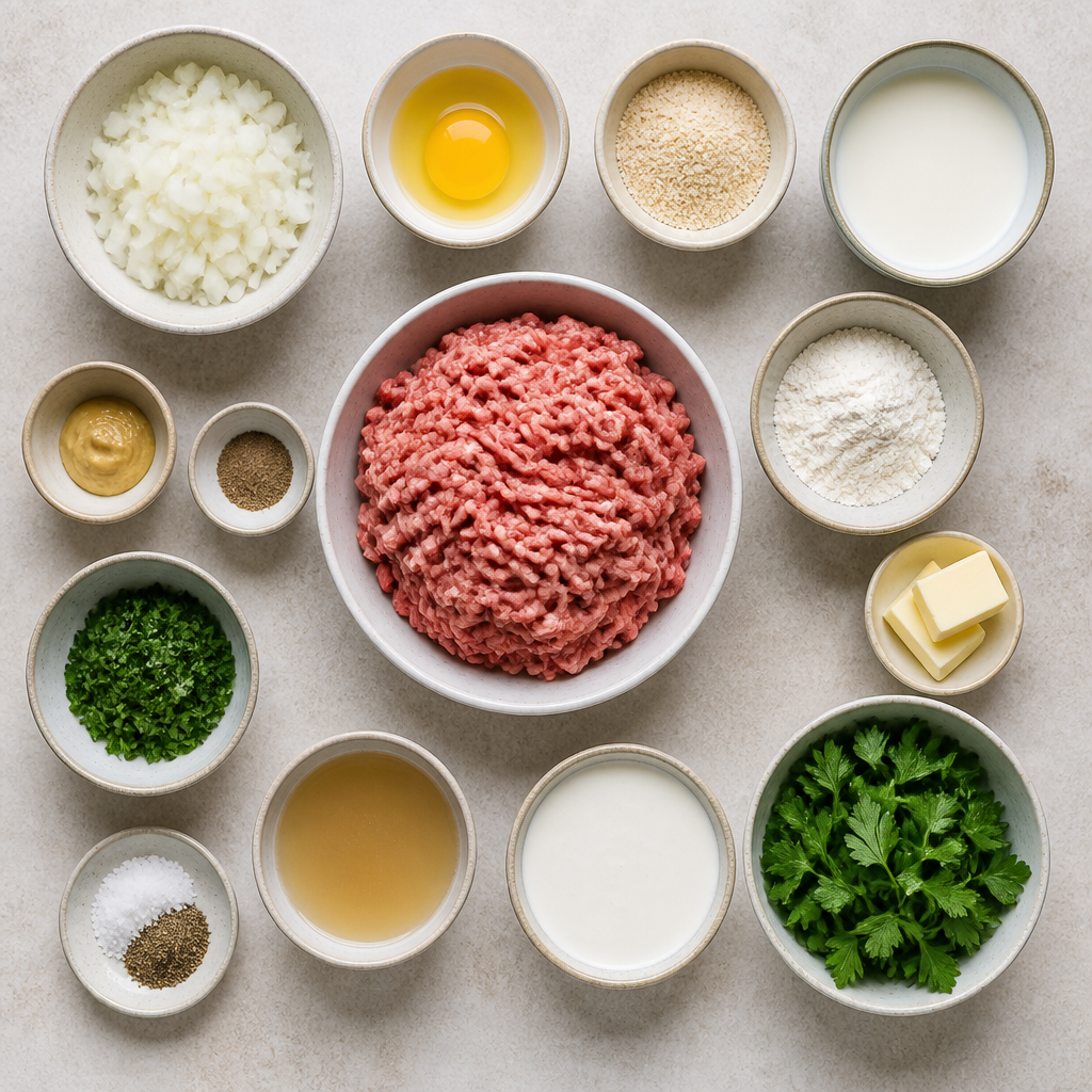 Overhead flat-lay of all ingredients for Danish Frikadeller Recipe with Creamy Parsley Gravy laid out on a kitchen surface.