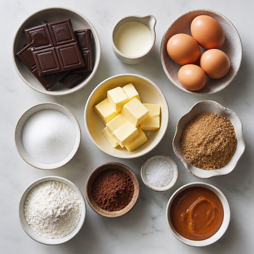 Overhead flat-lay of all ingredients for Decadent Salted Caramel Lava Cakes laid out on a kitchen surface.