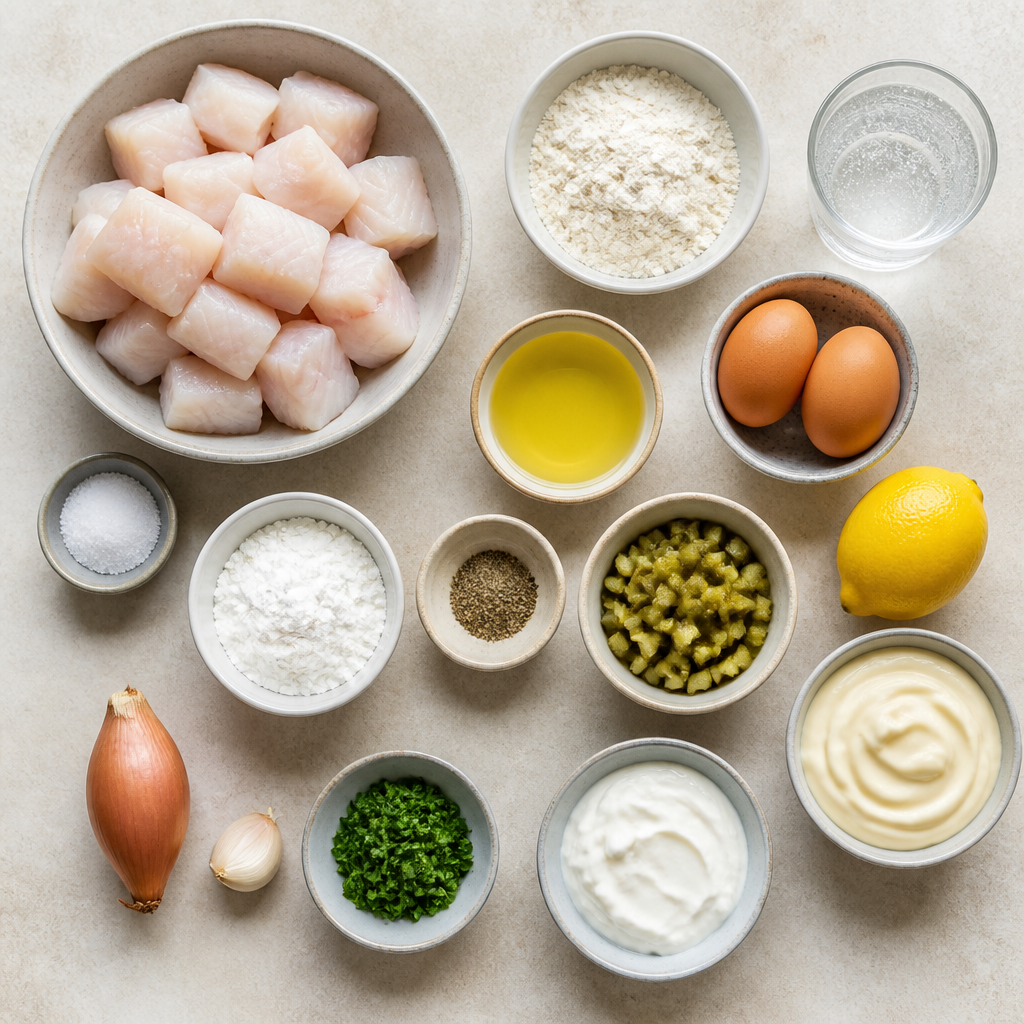 Overhead flat-lay of all ingredients for Dutch Kibbeling Recipe with Tangy Remoulade Sauce laid out on a kitchen surface.