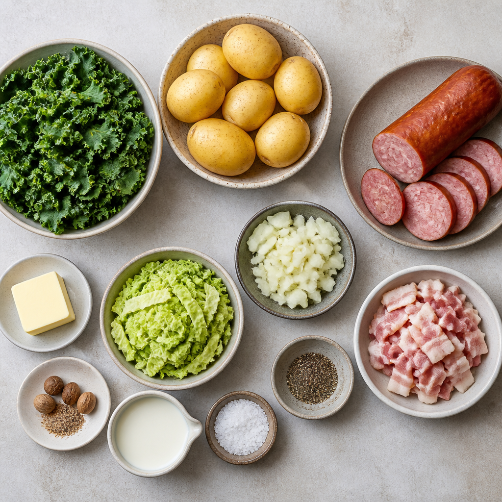 Overhead flat-lay of all ingredients for Dutch Stamppot Recipe with Kale and Smoked Sausage laid out on a kitchen surface.