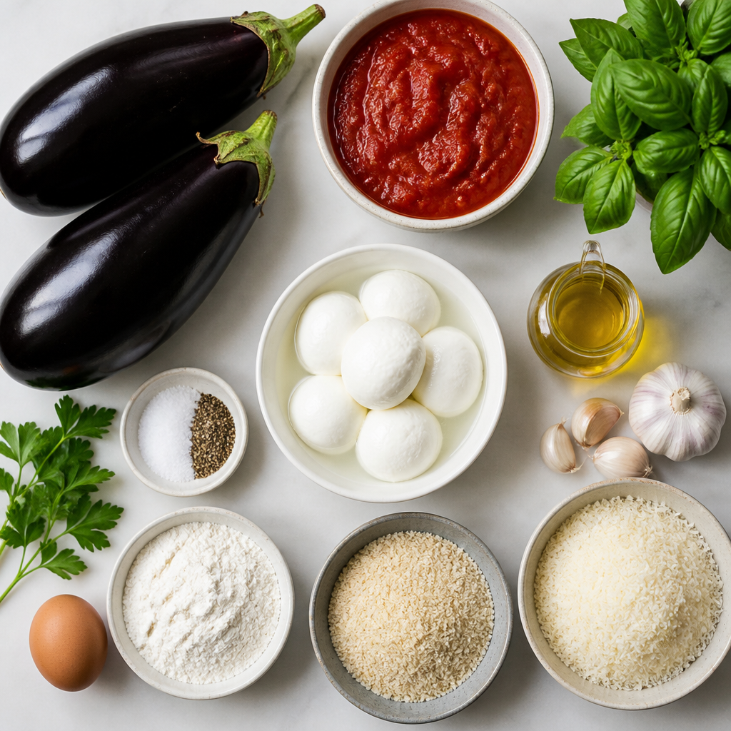 Overhead flat-lay of all ingredients for Eggplant Parmesan With Fresh Mozzarella laid out on a kitchen surface.