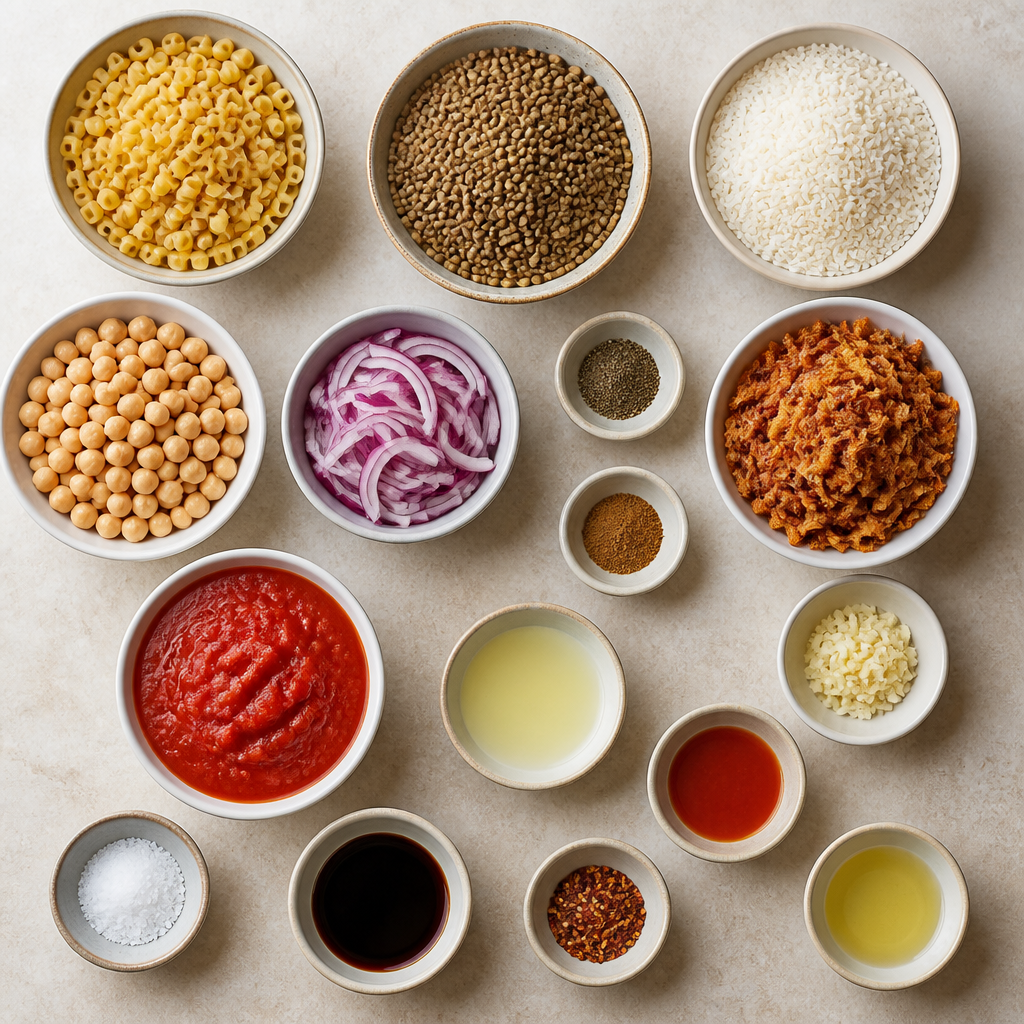 Overhead flat-lay of all ingredients for Egyptian Koshari Recipe with Lentils and Crispy Onions laid out on a kitchen surface.