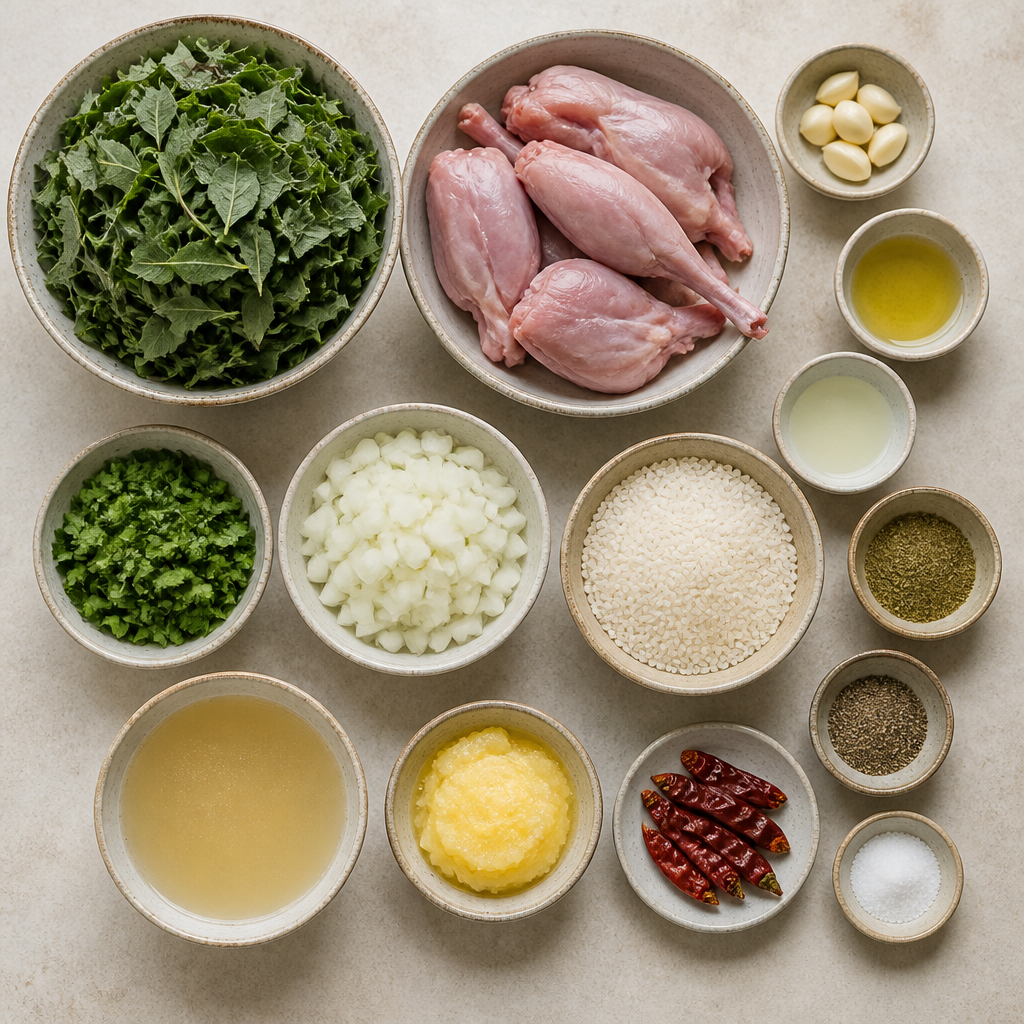Overhead flat-lay of all ingredients for Egyptian Molokhia with Rabbit and Garlicky Taqleya laid out on a kitchen surface.