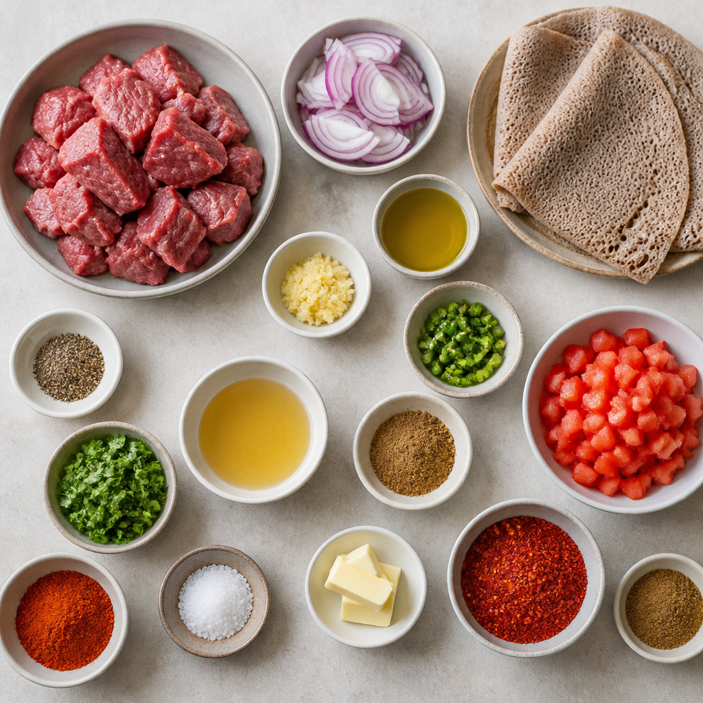 Overhead flat-lay of all ingredients for Ethiopian Beef Tibs Recipe with Mitmita and Injera laid out on a kitchen surface.