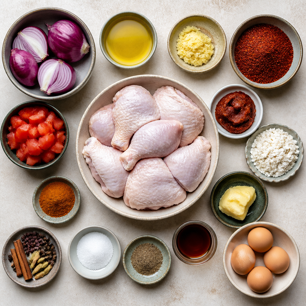 Overhead flat-lay of all ingredients for Ethiopian Chicken Stew Doro Wat with Berbere Spice laid out on a kitchen surface.