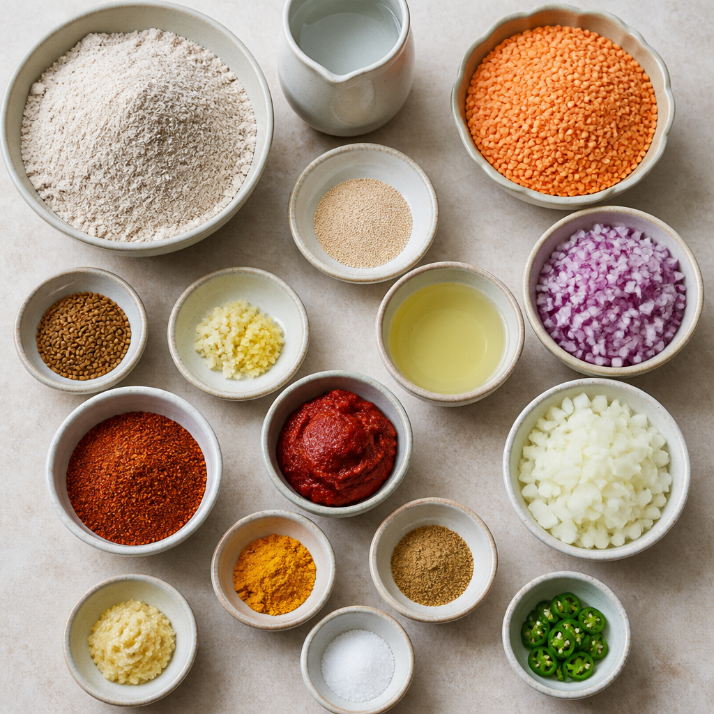 Overhead flat-lay of all ingredients for Ethiopian Injera and Lentil Stew with Spicy Berbere laid out on a kitchen surface.