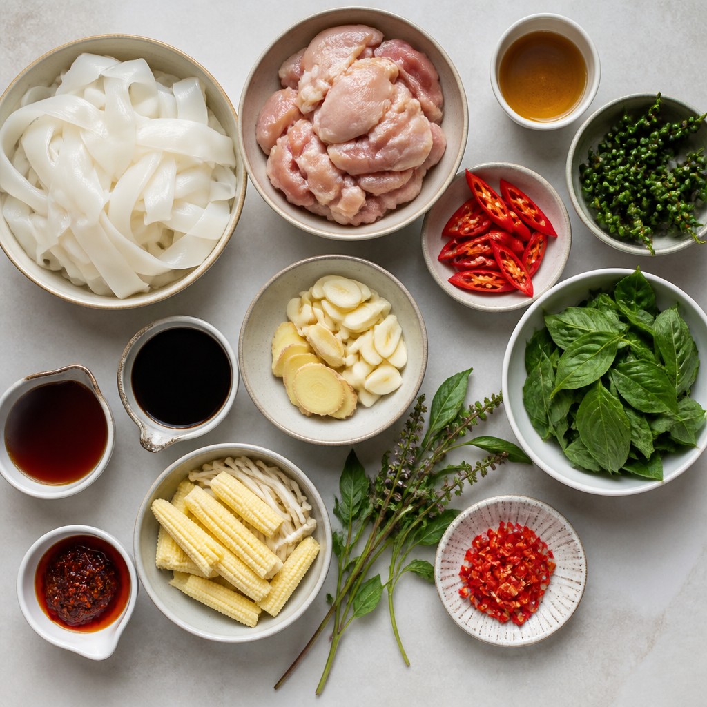 Overhead flat-lay of all ingredients for Fiery Drunkard's Pad Kee Mao laid out on a kitchen surface.