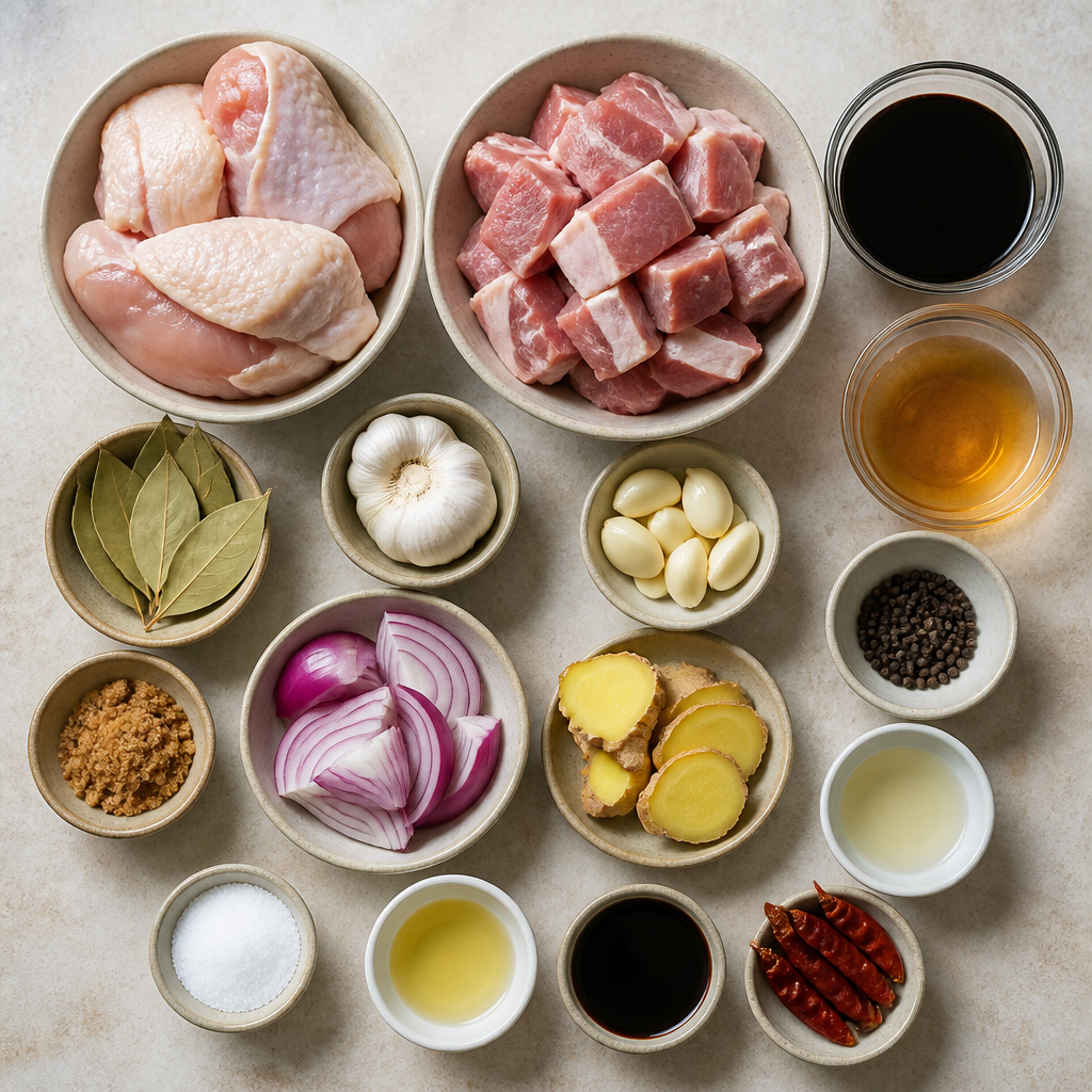 Overhead flat-lay of all ingredients for Filipino Chicken and Pork Adobo With Savory Soy Vinegar Glaze laid out on a kitchen surface.