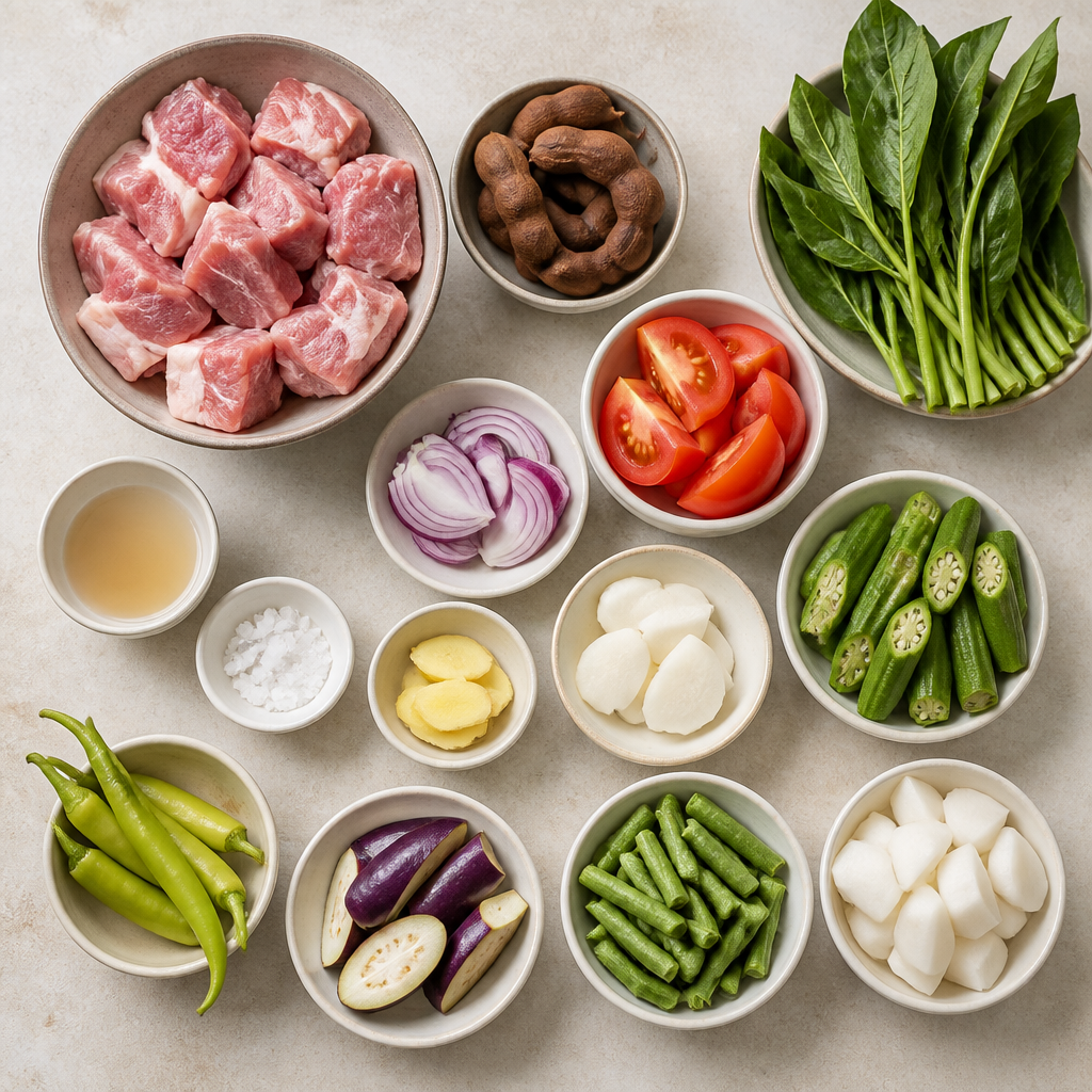 Overhead flat-lay of all ingredients for Filipino Pork Sinigang with Tamarind and Vegetables laid out on a kitchen surface.