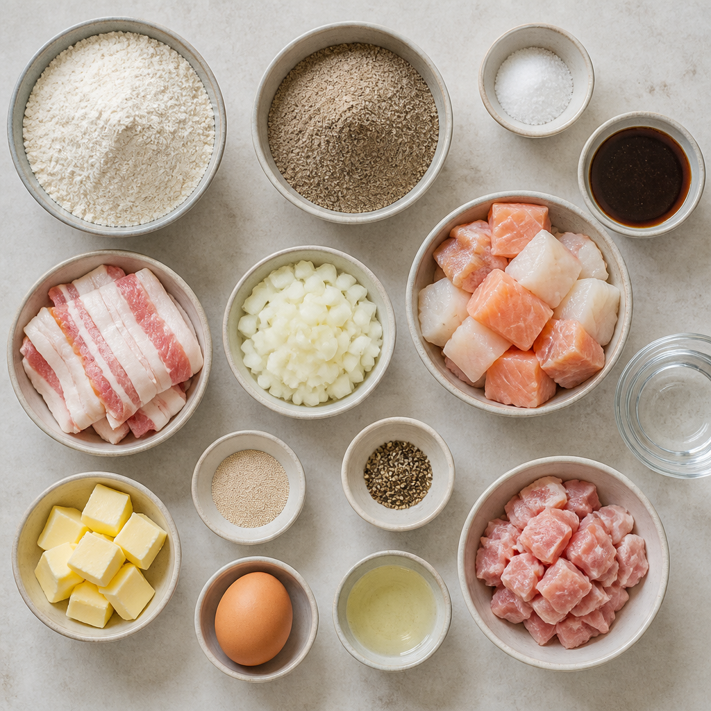 Overhead flat-lay of all ingredients for Finnish Kalakukko Recipe with Rye Crust and Bacon laid out on a kitchen surface.