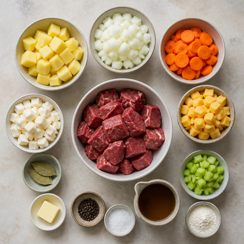 Overhead flat-lay of all ingredients for Finnish Karelian Stew with Beef and Root Vegetables laid out on a kitchen surface.
