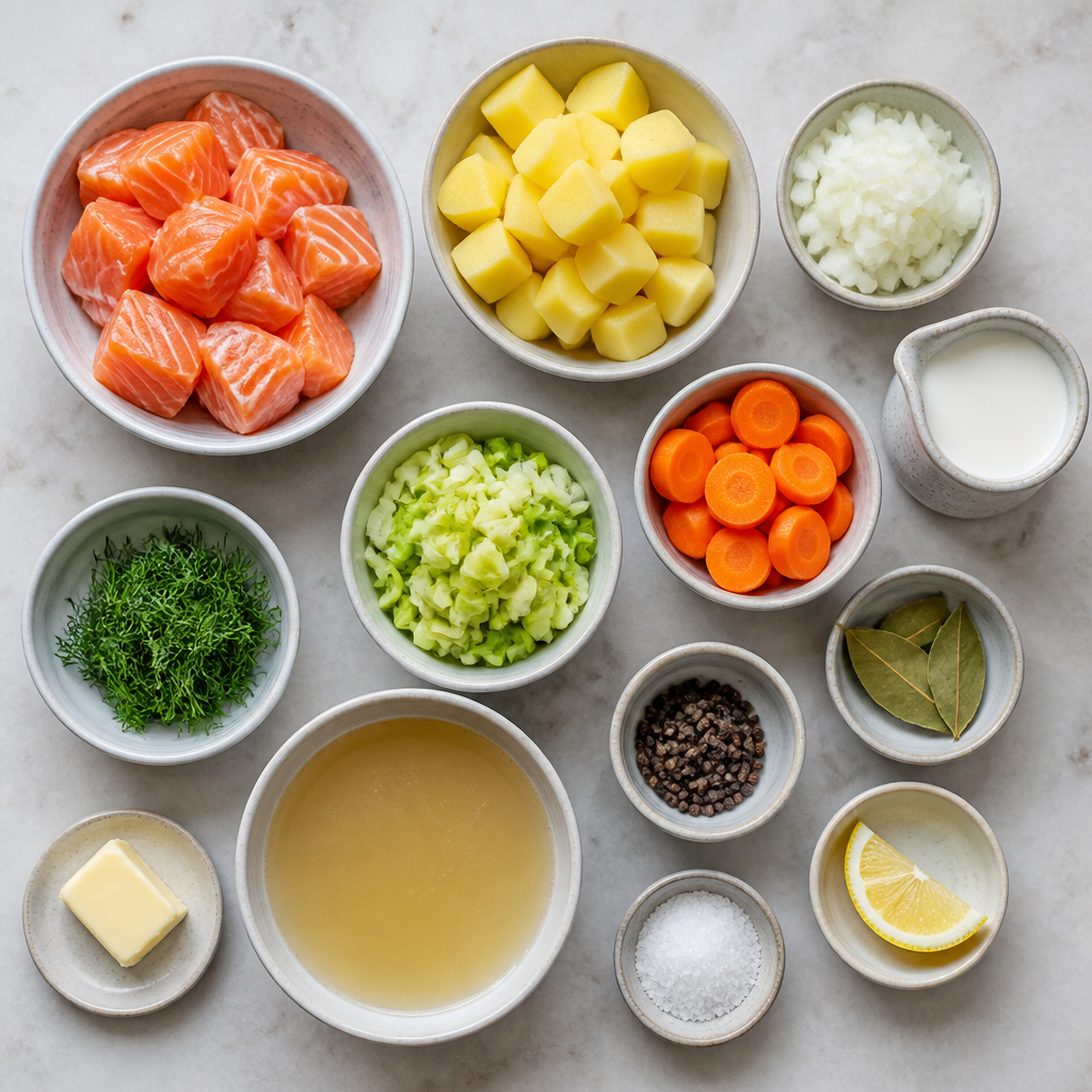 Overhead flat-lay of all ingredients for Finnish Salmon Soup (Lohikeitto) with Cream and Dill laid out on a kitchen surface.