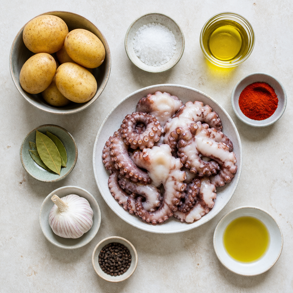 Overhead flat-lay of all ingredients for Galician Octopus Recipe with Smoked Paprika and Olive Oil laid out on a kitchen surface.