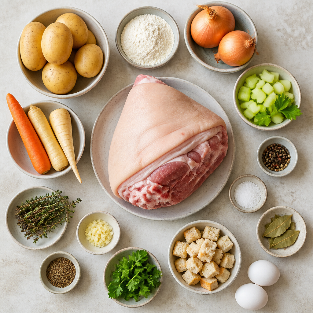 Overhead flat-lay of all ingredients for German Pork Hock Recipe with Crispy Crackling and Dumplings laid out on a kitchen surface.