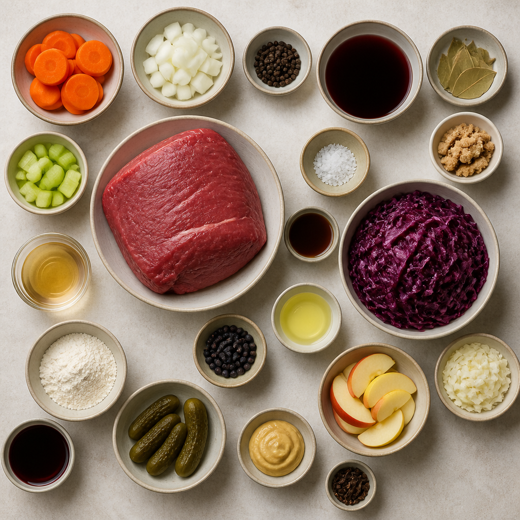 Overhead flat-lay of all ingredients for German Sauerbraten Recipe with Traditional Braised Red Cabbage laid out on a kitchen surface.