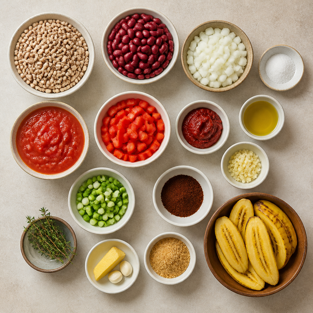 Overhead flat-lay of all ingredients for Ghanaian Red Red Recipe with Fried Plantains laid out on a kitchen surface.