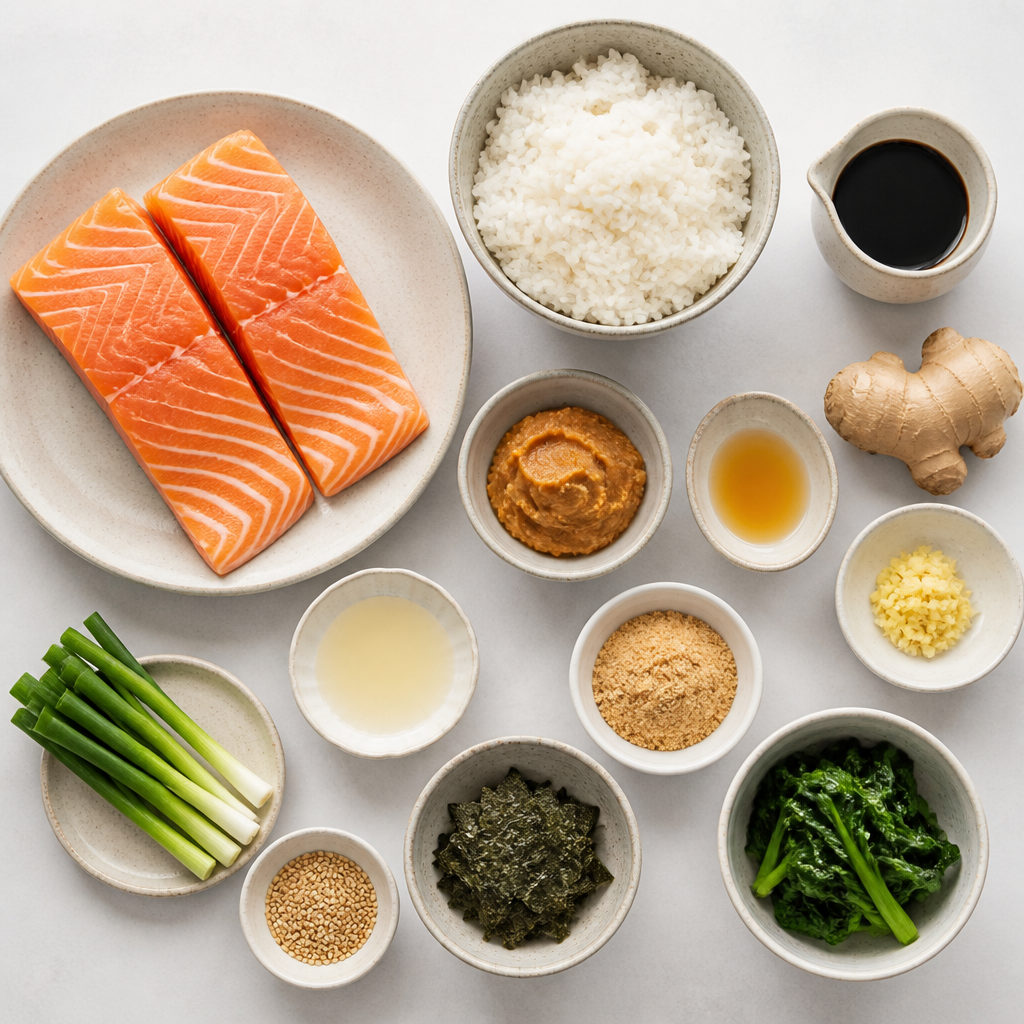 Overhead flat-lay of all ingredients for Ginger Miso Glazed Salmon Donburi laid out on a kitchen surface.