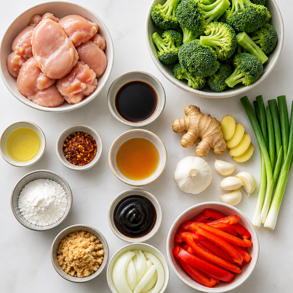 Overhead flat-lay of all ingredients for Ginger-Soy Chicken & Broccoli Stir-Fry laid out on a kitchen surface.