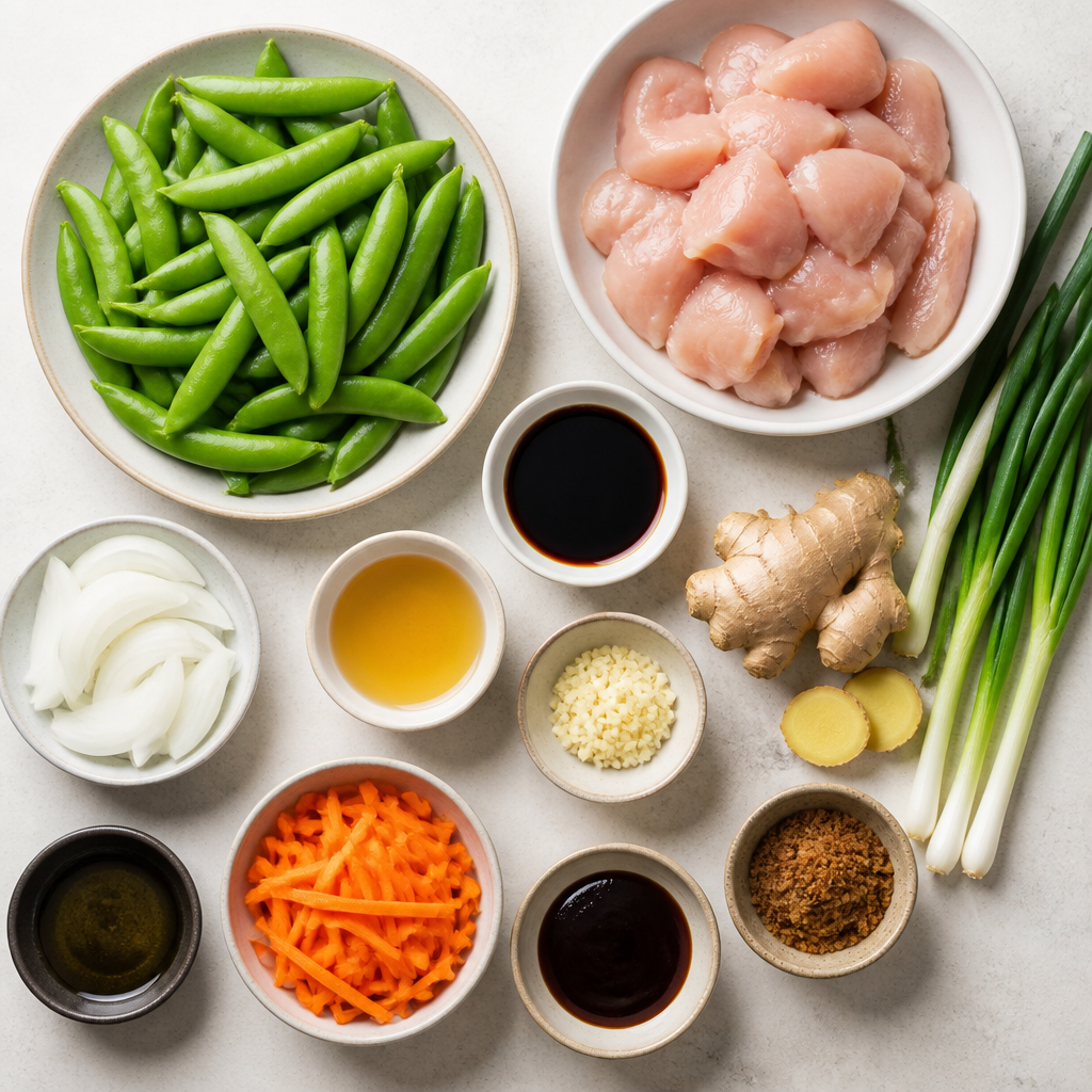 Overhead flat-lay of all ingredients for Ginger-Soy Chicken and Snap Pea Stir-fry laid out on a kitchen surface.