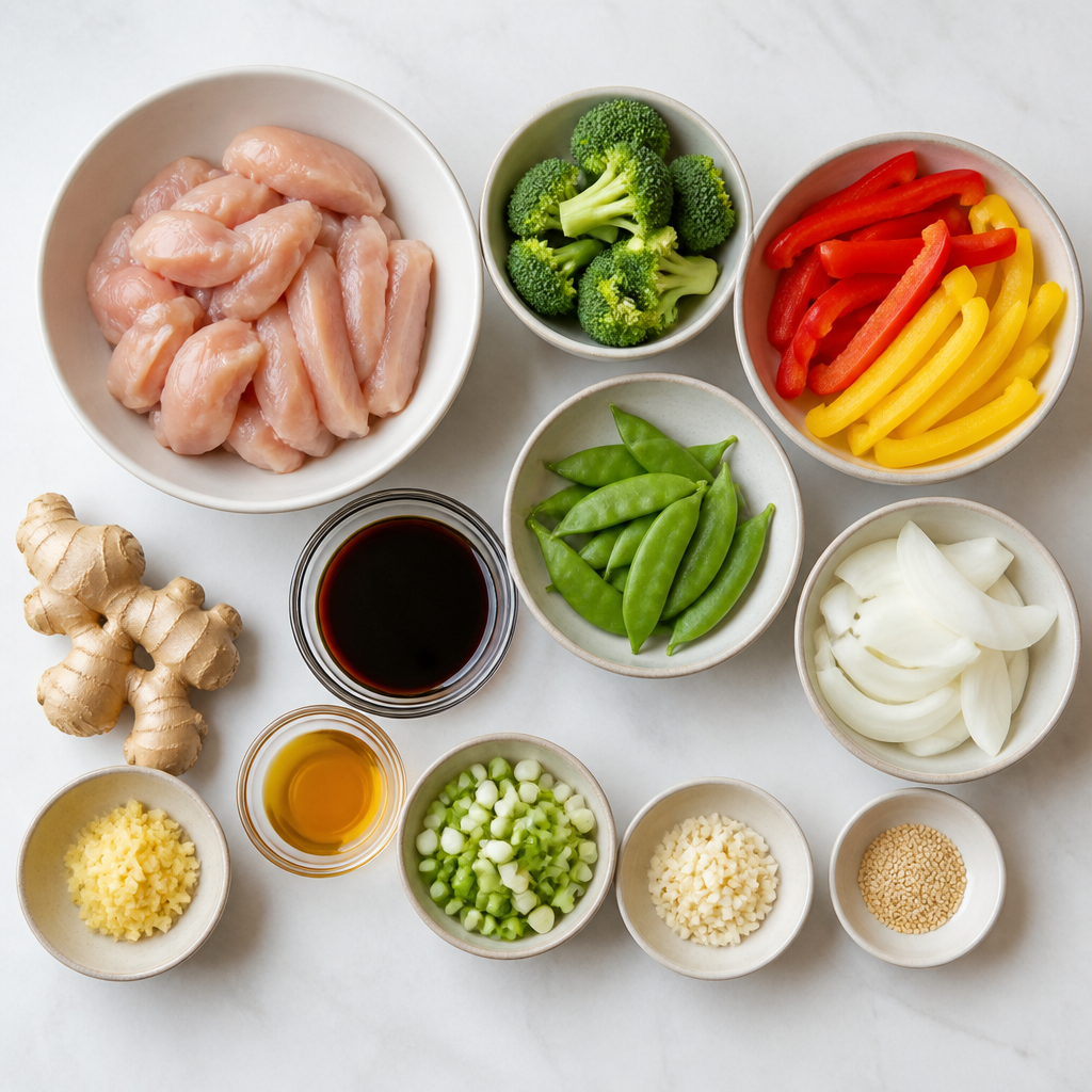 Overhead flat-lay of all ingredients for Ginger-Soy Chicken Mix Stir-Fry laid out on a kitchen surface.