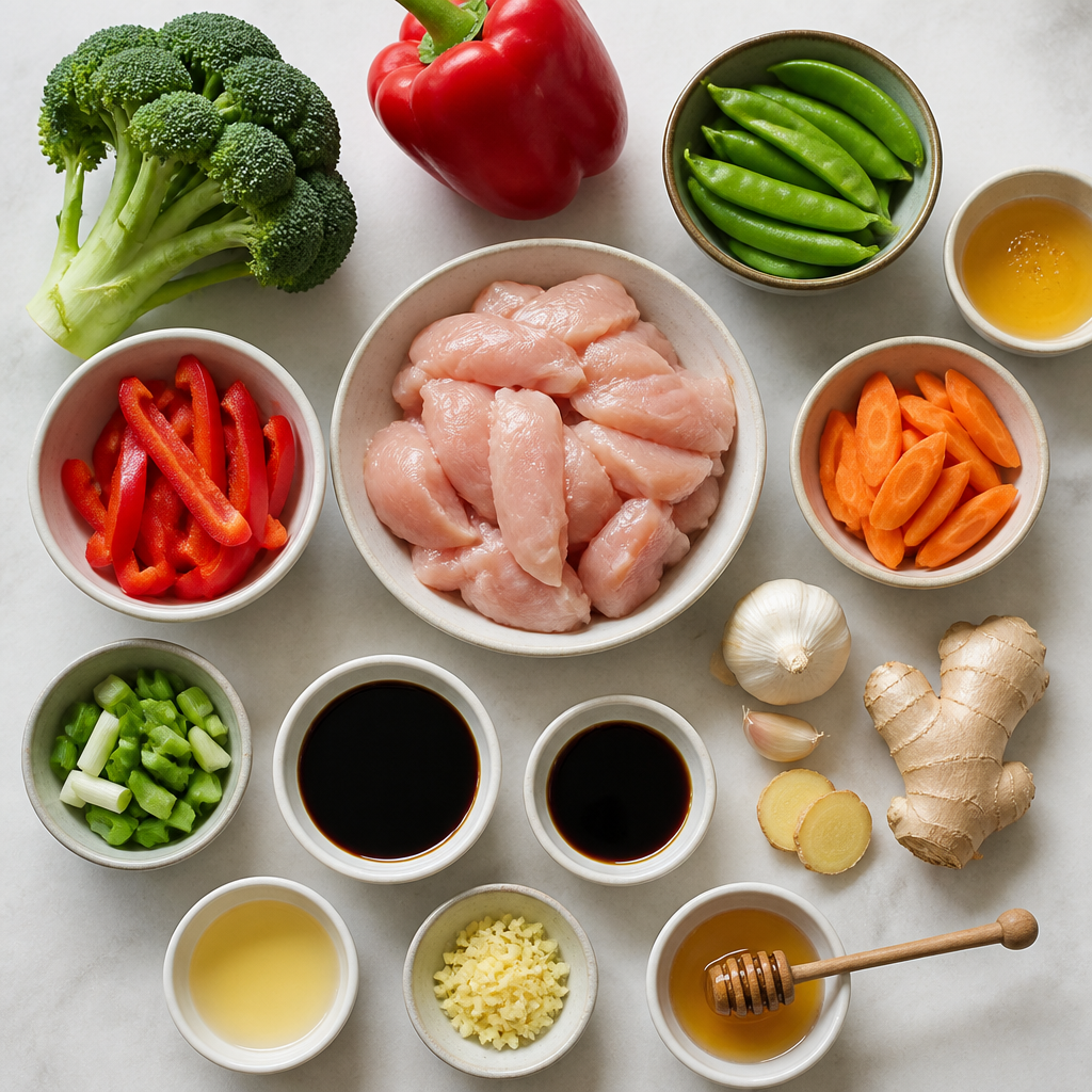 Overhead flat-lay of all ingredients for Ginger-Soy Honey Chicken Stir-Fry laid out on a kitchen surface.