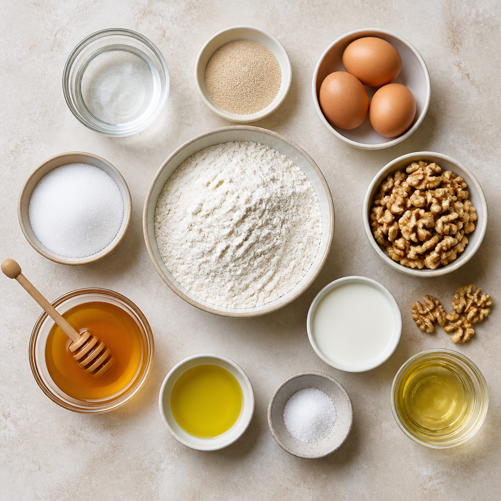 Overhead flat-lay of all ingredients for Greek Honey Donuts (Loukoumades) with Walnuts laid out on a kitchen surface.