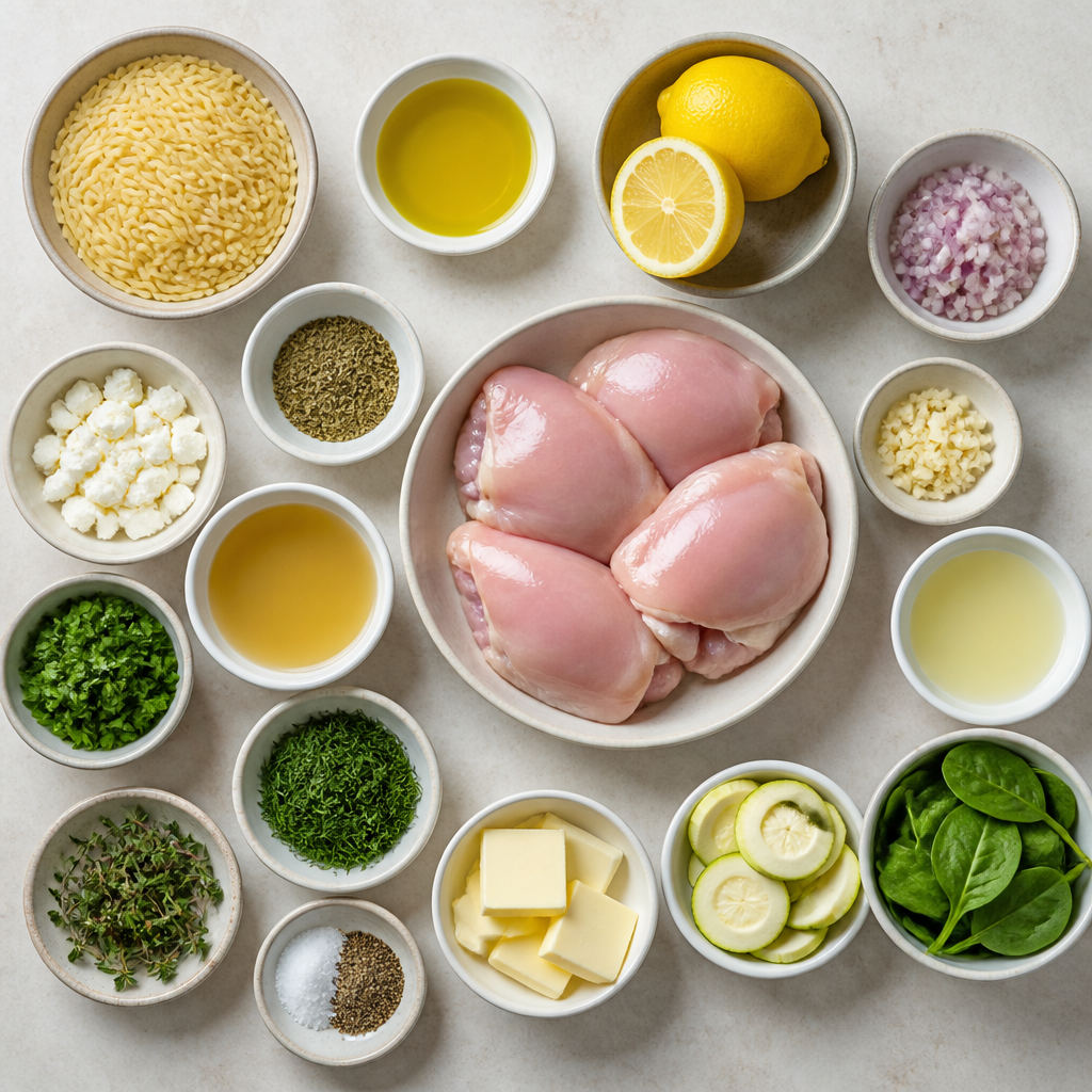 Overhead flat-lay of all ingredients for Greek Lemon Chicken with Orzo and Herb Infused Pan Juices laid out on a kitchen surface.