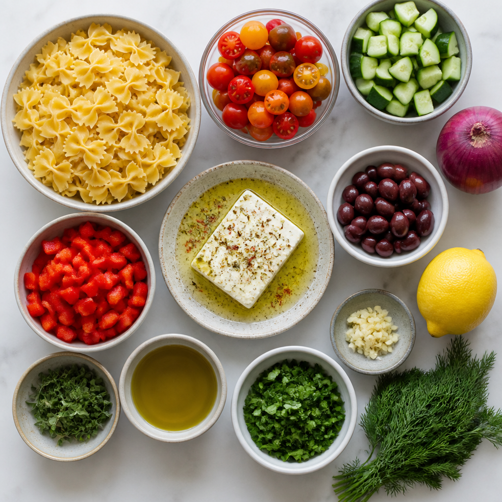 Overhead flat-lay of all ingredients for Greek Pasta Salad With Marinated Feta laid out on a kitchen surface.