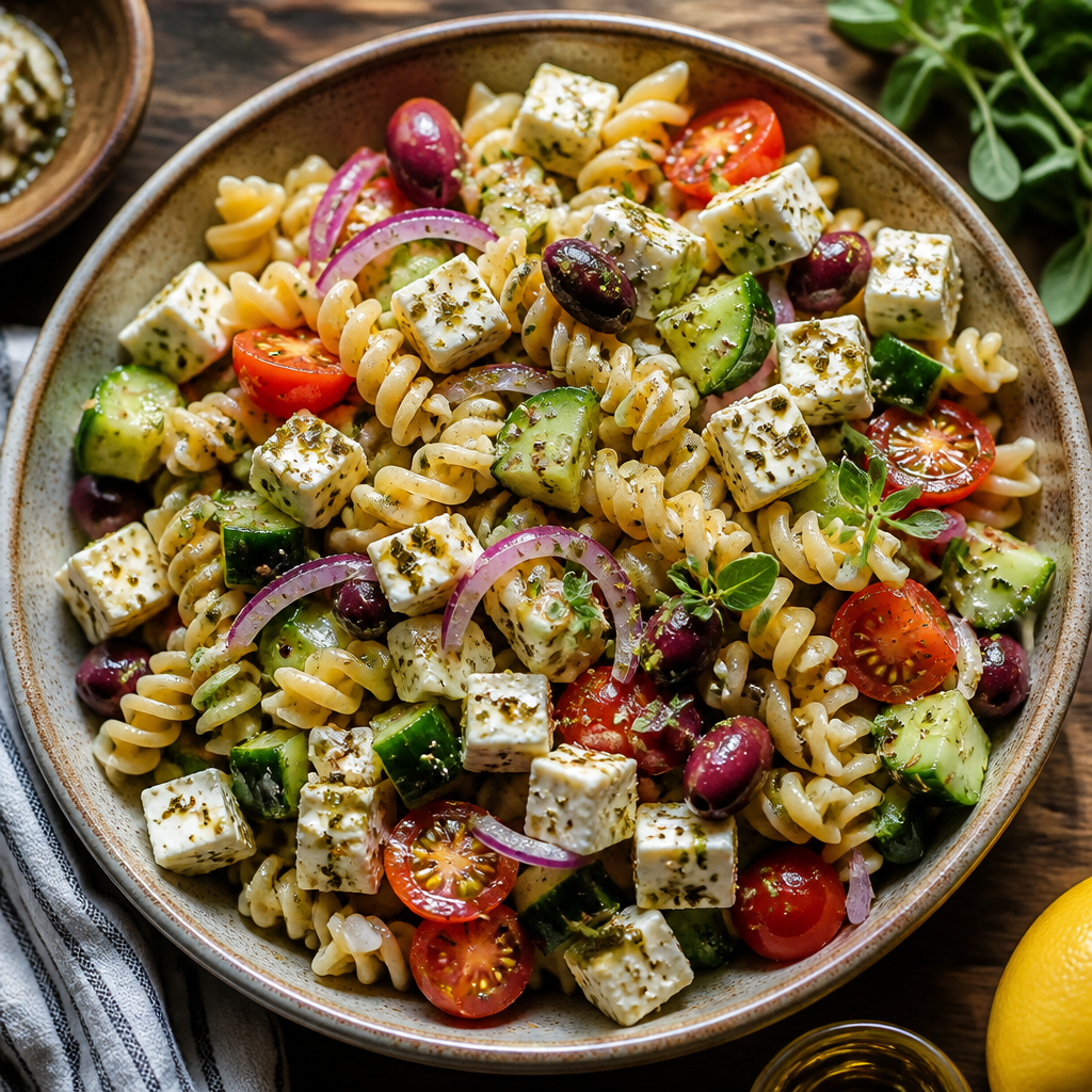 Greek Pasta Salad With Marinated Feta