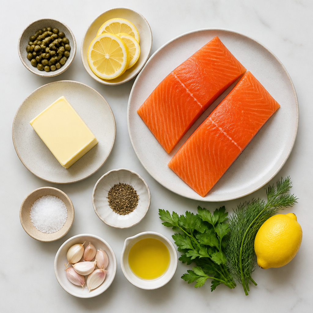 Overhead flat-lay of all ingredients for Grilled Arctic Char With Lemon Caper Butter laid out on a kitchen surface.