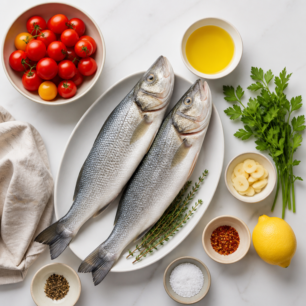Overhead flat-lay of all ingredients for Grilled Branzino With Blistered Cherry Tomatoes laid out on a kitchen surface.