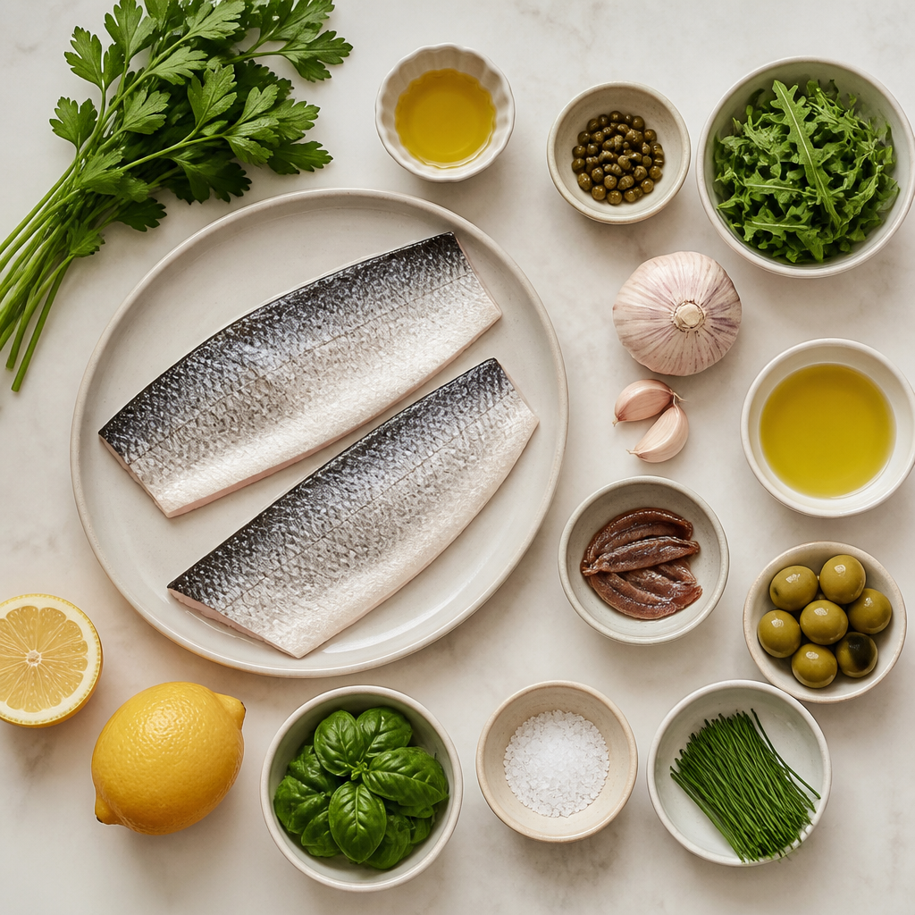 Overhead flat-lay of all ingredients for Grilled Branzino Fillets With Salsa Verde laid out on a kitchen surface.