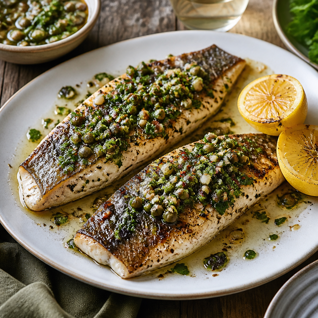 Grilled Branzino Fillets With Salsa Verde — Mediterranean Dinner served and photographed from above