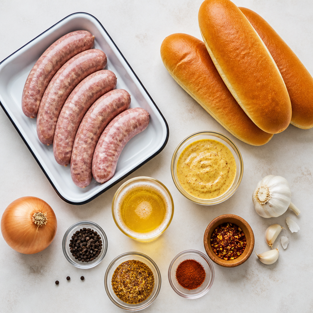 Overhead flat-lay of all ingredients for Grilled Brats With Spicy Beer Mustard laid out on a kitchen surface.