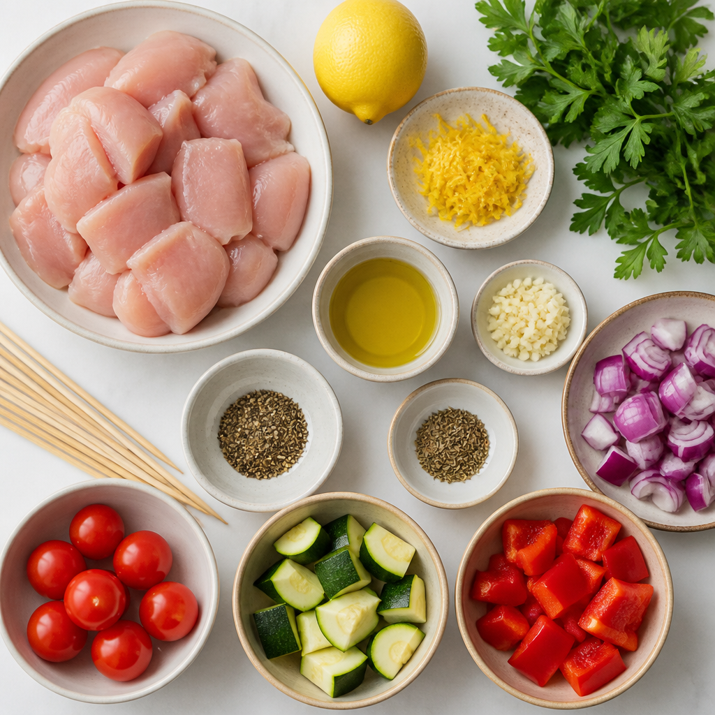 Overhead flat-lay of all ingredients for Grilled Chicken Kabobs With Lemon Zest laid out on a kitchen surface.