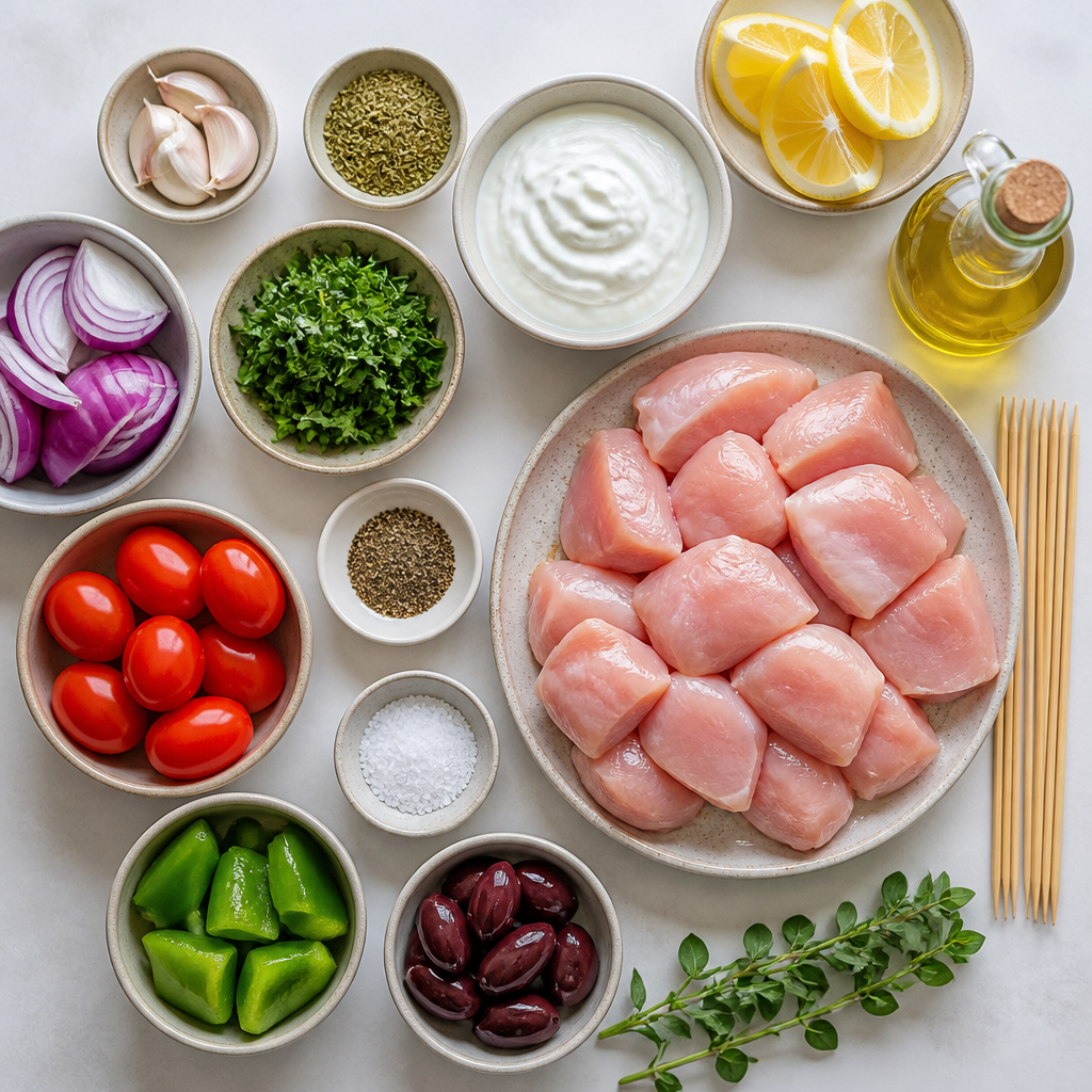 Overhead flat-lay of all ingredients for Grilled Chicken Skewers With Mediterranean Yogurt Marinade laid out on a kitchen surface.
