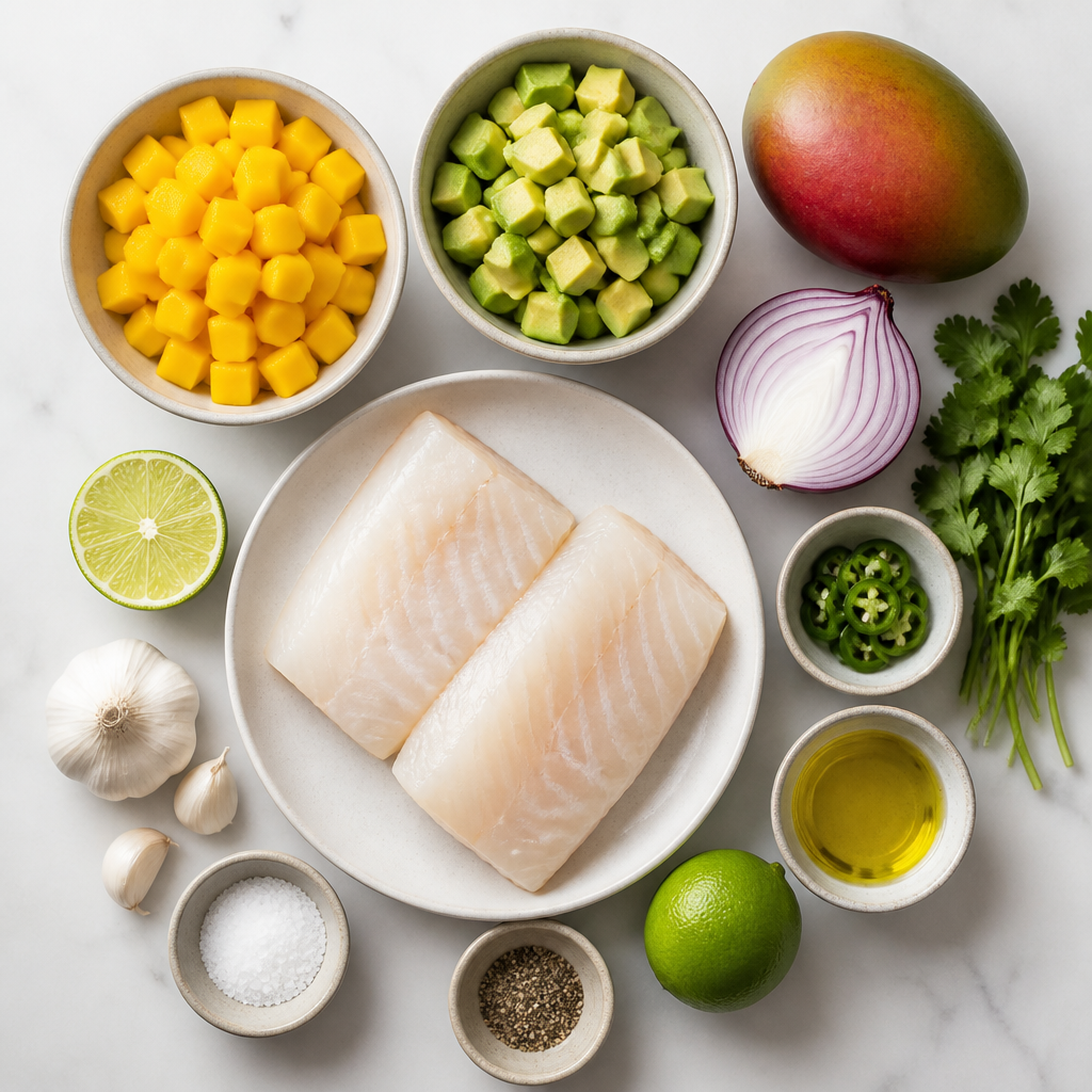 Overhead flat-lay of all ingredients for Grilled Cod With Mango Avocado Salsa laid out on a kitchen surface.