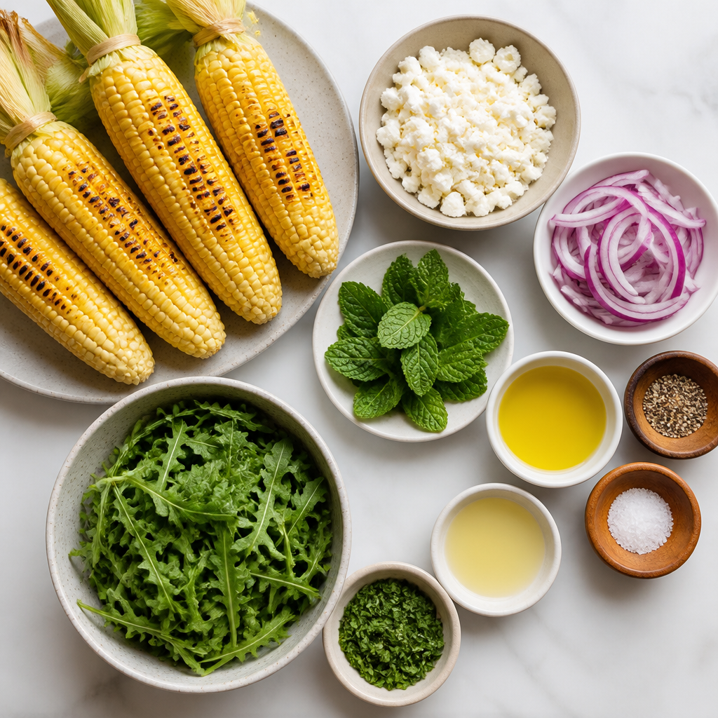 Overhead flat-lay of all ingredients for Grilled Corn Salad With Feta And Mint laid out on a kitchen surface.