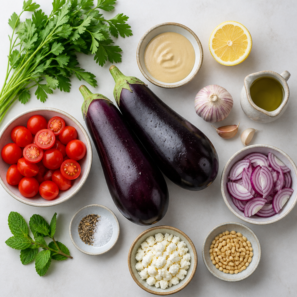 Overhead flat-lay of all ingredients for Grilled Eggplant Salad With Tahini Dressing laid out on a kitchen surface.