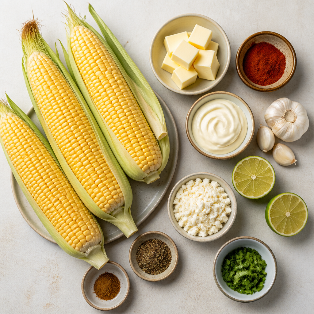 Overhead flat-lay of all ingredients for Grilled Elote With Smoked Paprika Butter laid out on a kitchen surface.