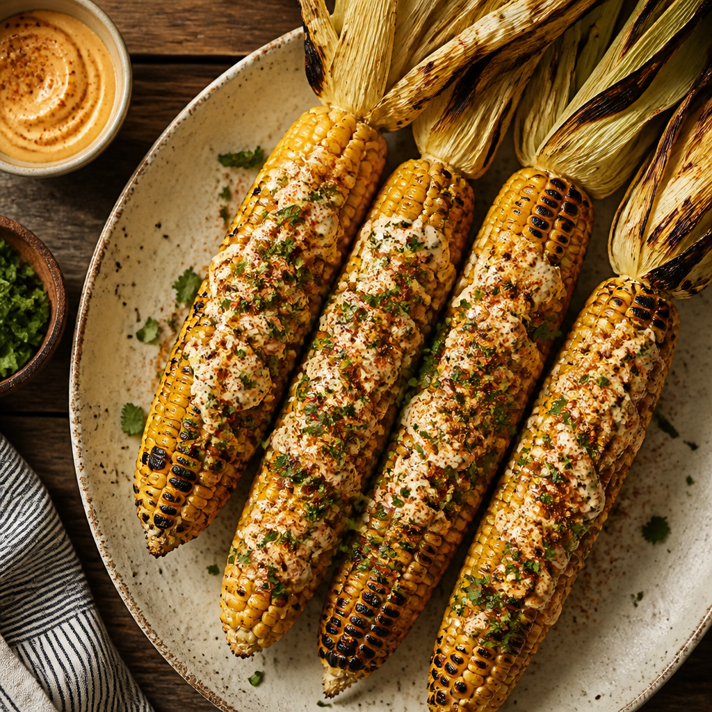 Grilled Elote With Smoked Paprika Butter — Mexican Side Dish served and photographed from above