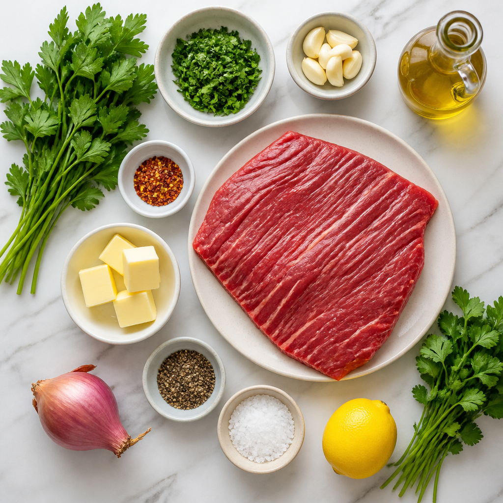 Overhead flat-lay of all ingredients for Grilled Flank Steak With Chimichurri Butter laid out on a kitchen surface.