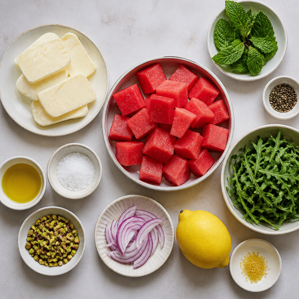 Overhead flat-lay of all ingredients for Grilled Halloumi and Watermelon Salad laid out on a kitchen surface.